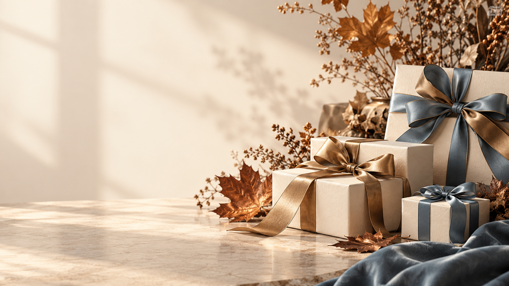 Autumn gifting inspiration with ribbons and golden leaves